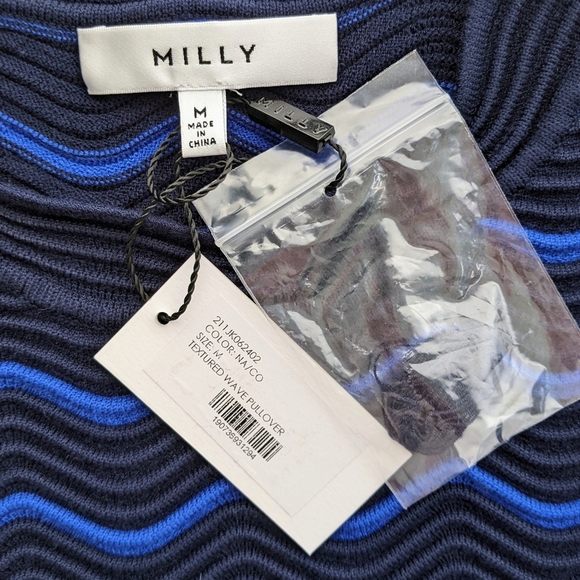 Milly Pullover Crop Mid-Weight Textured Wave Knit Scallop Trim Navy Cobalt M NWT - Picture 15 of 15